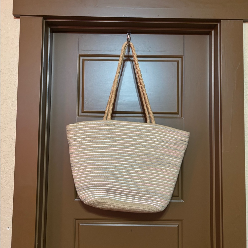 Neutral Woven Tote Bag with Braided Handles - Beige Stripe🤎